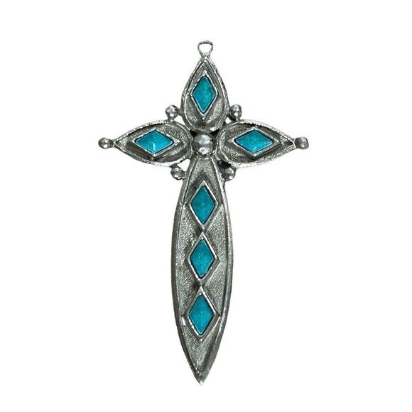 Vintage St. Labre Turquoise Cross Pendant Crucifix Silver Tone - Picture 3 of 7